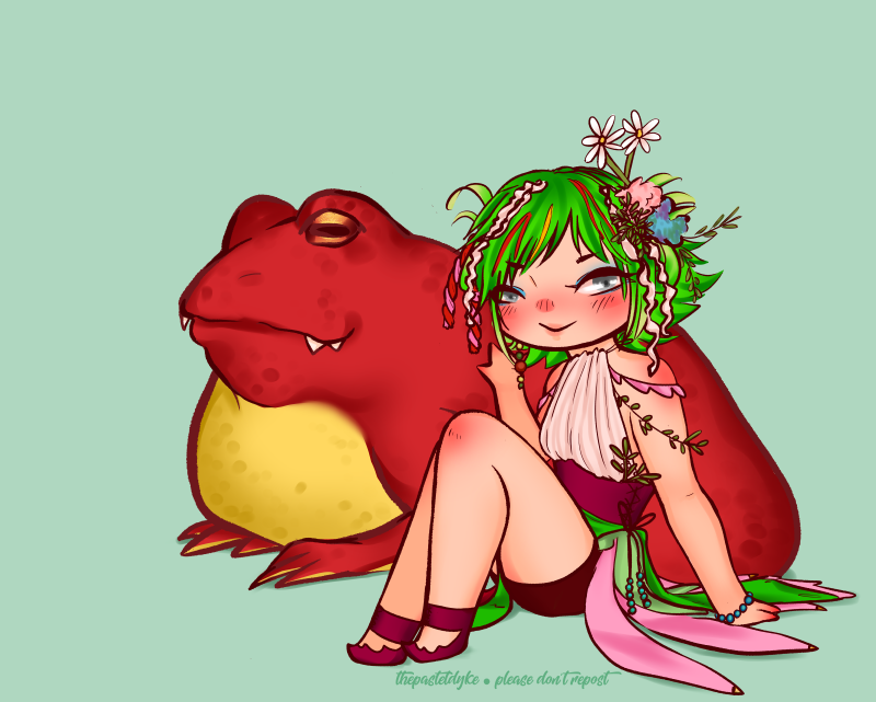 Character name: Bam Bam. Chibi drawing of Bam Bam. She has light skin and short green hair decorated with pom poms, flowers, straws and beads. She's wearing a white halter neck top and a skirt made out of strips of fabric to look like flower petals. She's sitting down, one hand against the side of a red and yellow giant toad.